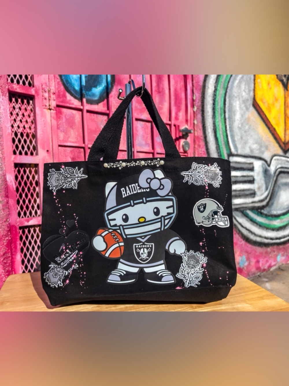 KAWAII RAIDERS Canvas Tote Bag 13” - Black | Custom Bandana Rose Embroidery